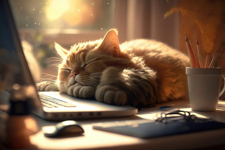 AI generated cat sleeping on the laptopの素材