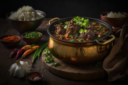 Beef goulash with rice and vegetables in a copper pot. AI generated roast oxtail, oxtail srewの素材