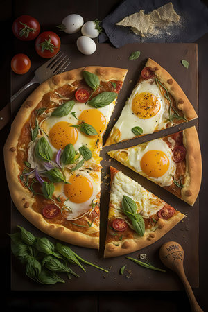 Pizza with eggs, tomatoes and basil on a dark wooden background. Breakfast pizzaの素材
