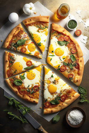 Pizza with egg, tomatoes and herbs on a stone background. Breakfast pizzaの素材