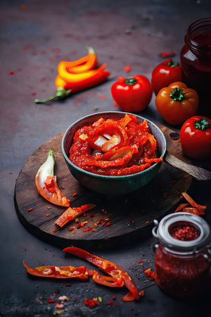 Homemade spicy chili sauce in a bowl. AI generated ajvar made from sweet bell peppers and eggplants.の素材