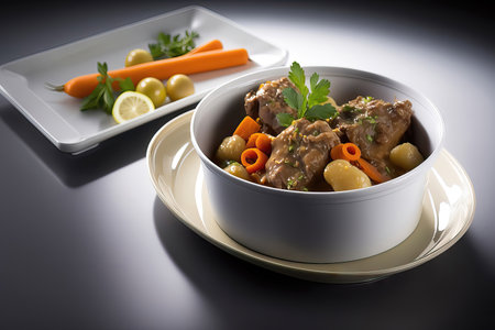 Beef stew with vegetables and herbs in a bowl on black background. AI generated roast oxtail, oxtail soupの素材