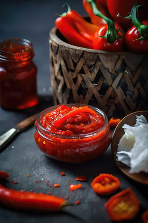 Homemade chili sauce in a glass jar on a dark background. AI generated ajvar made from sweet bell peppers and eggplants.の素材