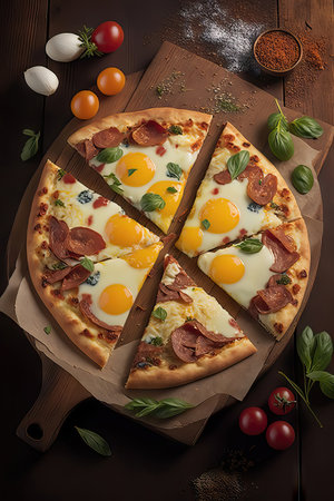 Pizza with salami, eggs and tomatoes on a wooden background. Breakfast pizzaの素材