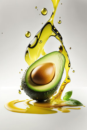 Avocado with oil splash on white background. 3d illustration.の素材
