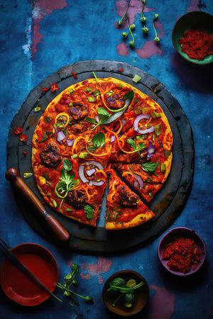 Pizza with meat, tomato sauce and fresh vegetables on blue background. Indian pizza, tikka masalaの素材
