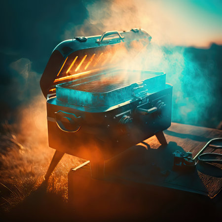 Barbecue grill on a wooden table on a background of smoke.の素材