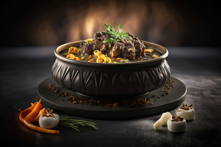 Beef stew with vegetables and spices in a bowl on a black background. AI generated roast oxtail, oxtail srewの素材