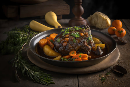 Beef Bourguignon with potatoes and carrots on wooden background. AI generated roast oxtail, oxtail srewの素材