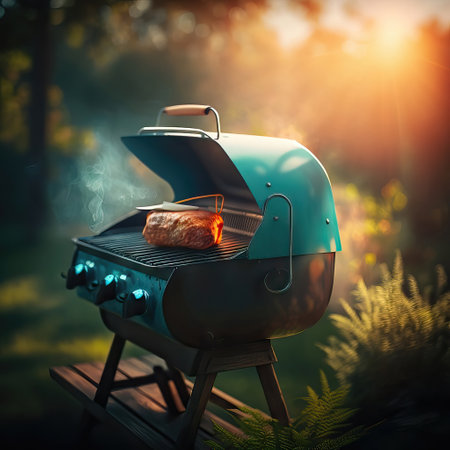 Barbecue grill in the forest at sunset. Picnic in nature.の素材