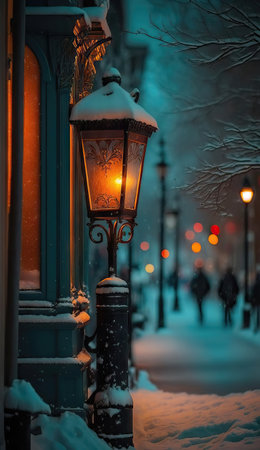 Snowy street lamp on the background of a winter night city.の素材