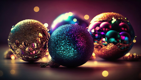Colorful christmas balls on a dark background with bokehの素材