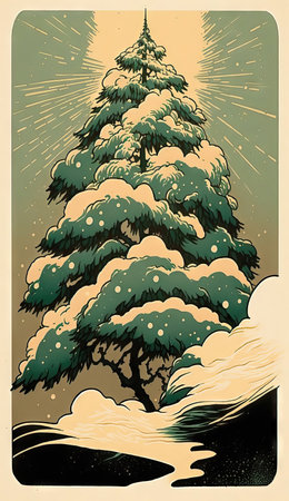Retro Christmas card with pine tree and snow. Vector illustration.の素材