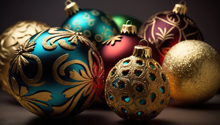 Colorful christmas baubles on dark background. Close up.の素材