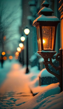Lantern on the street at night in the snowfall.の素材