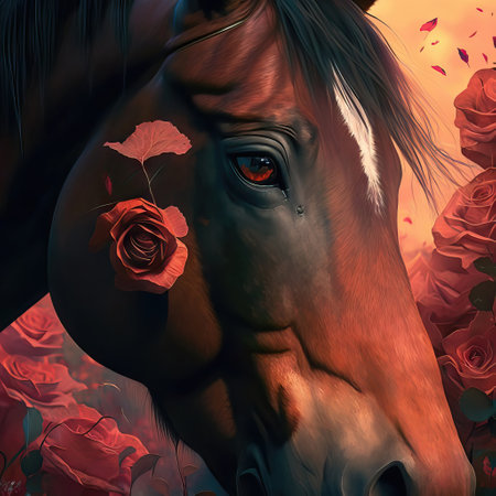 AI generated Horse portrait with red rose petalsの素材