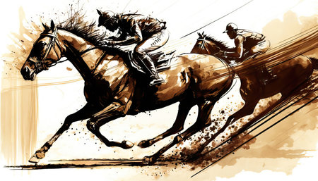 AI generated Jockey riding a race horse. Colorful abstract backgroundの素材