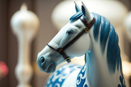 Close up of the head of a blue horse in a shop windowの素材