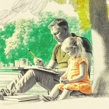 Father and daughter drawing in the park. Drawing by pencils.の素材