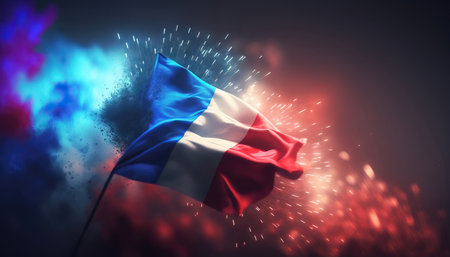 AI generated background with beautiful fireworks and flag of france with free space for your textの素材