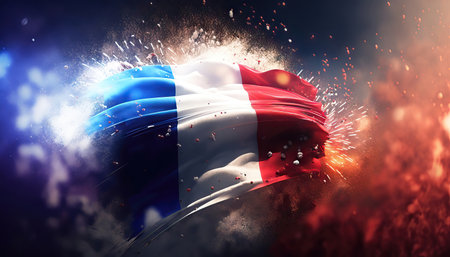 AI generated background with beautiful fireworks and flag of france with free space for your textの素材