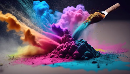 Explosion of colored powder with paintbrush on dark background,の素材