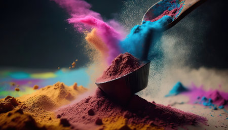 Colorful holi powder on a wooden spoon, close-upの素材