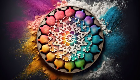 Indian festival dussehra, showing golden mandala on colorful powder backgroundの素材