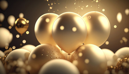 AI generated golden balloons and confetti on a black background.の素材
