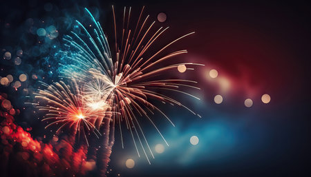 AI generated background with Colorful  Fireworks in the night sky with bokeh effectの素材