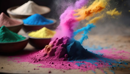 Colorful holi powder in bowls on wooden table, closeupの素材
