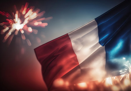 AI generated background with beautiful fireworks and flag of france with free space for your textの素材