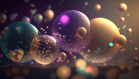 AI generated background with balloons flying in the air with bokeh lightsの素材