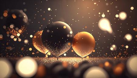 AI generated background with balloons flying in the air with bokeh lightsの素材