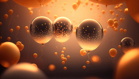 AI generated background with balloons flying in the air with bokeh lightsの素材