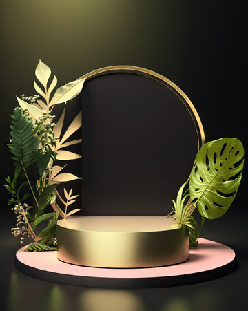 3d podium for product presentation, blank round stage with gold frame, tropical leaves, monstera.の素材