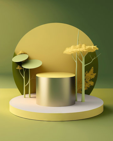 3d render, abstract minimal geometric forms. Glossy golden podium for your design. Podium for show product.の素材