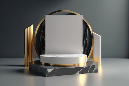 Abstract black and gold podium on a gray background. Abstract scene podium mockup for product presentationの素材