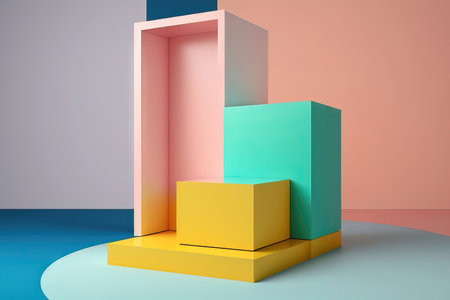 3d abstract geometric forms. Glossy colorful podium for your design. Podium for show product.の素材