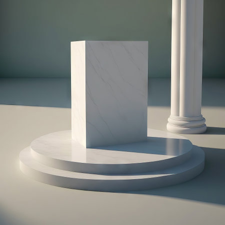 White marble pedestal in empty room. Abstract scene podium mockup for product presentationの素材