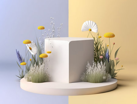 3d render of white podium with lavender and wildflowersの素材
