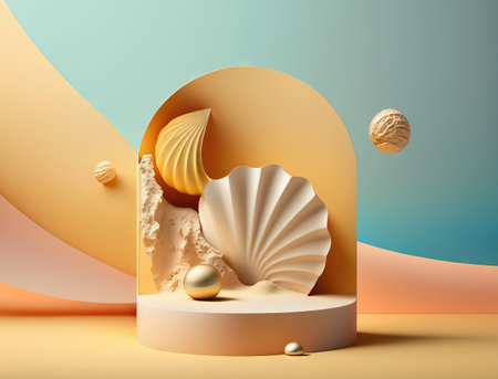 AI generated podium for product display with seashells.の素材