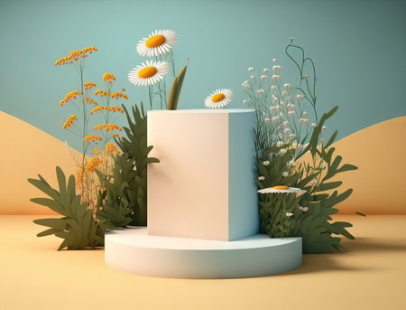 minimal geometric podium with daisy flowers and leavesの素材