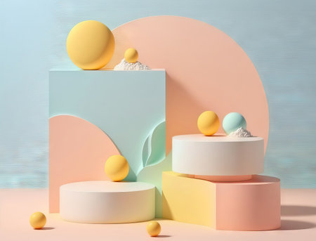 3d render abstract minimal geometric forms. Glossy podium for product presentation. Fashion show stage with pastel colors.の素材