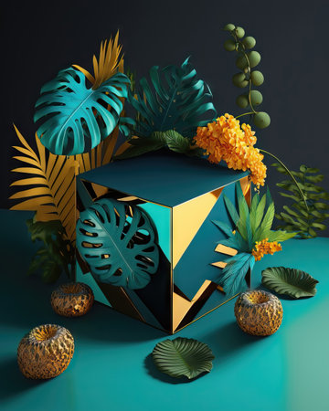 3d render, geometric cube with tropical leaves, monstera and berriesの素材
