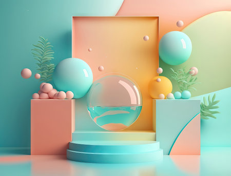 abstract background with geometric shapes, podiums, sea shells and coralsの素材