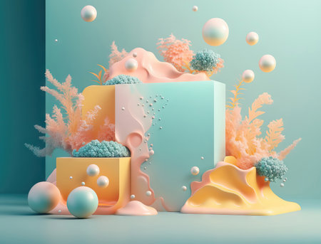 abstract background with geometric shapes, podiums, sea shells and coralsの素材