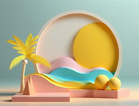abstract minimal geometric forms. Glossy colorful podium for product presentation with palm tree, sun and waves.の素材