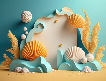 AI generated podium for product display with seashells.の素材