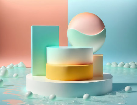AI generated  abstract minimal geometric forms, podium for product presentation, cream background, simple compositionの素材